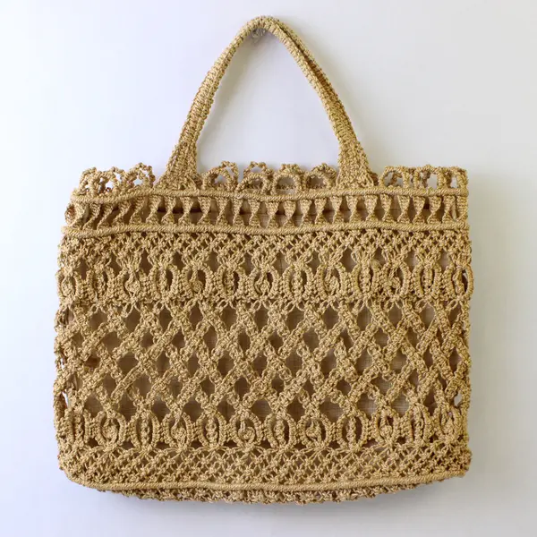 Vintage 1960's Handmade Macramé Hand-Woven Jute Lined Tote Bag