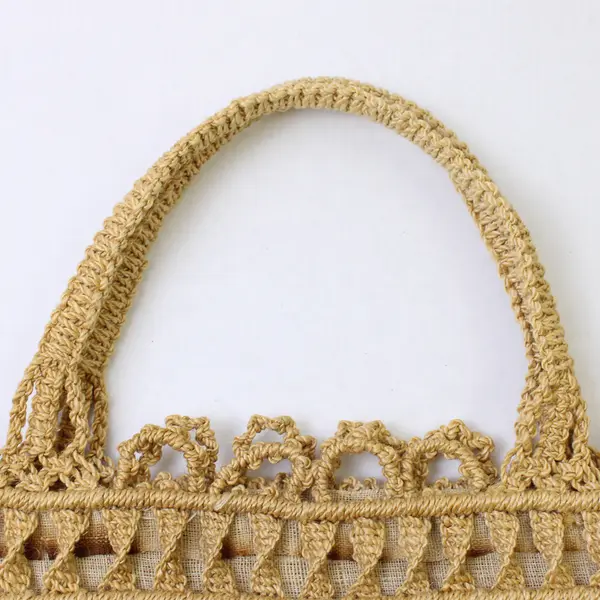 Vintage 1960's Handmade Macramé Hand-Woven Jute Lined Tote Bag