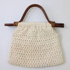 Vtg 1970's White Macrame w/Decorative Bamboo Handle Lined Handbag