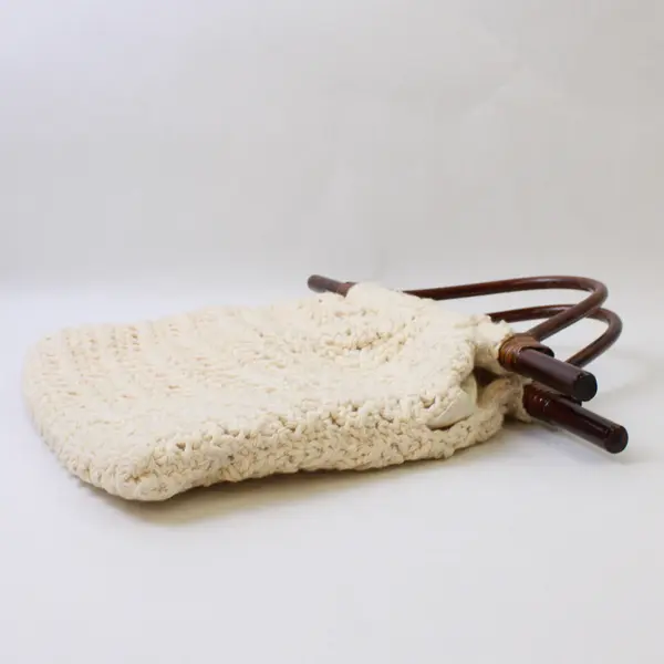 Vtg 1970's White Macrame w/Decorative Bamboo Handle Lined Handbag
