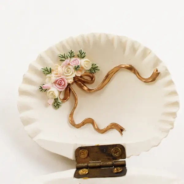 White Porcelain Shell Trinket Box with Rose Accents - Collectible