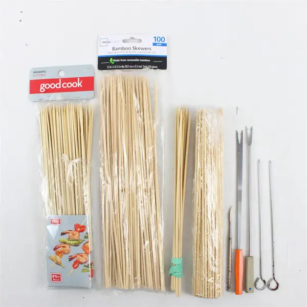 Mixed Lot 200 Bamboo Skewers BBQ + Couple Small Metal BBQ Tools Open Box