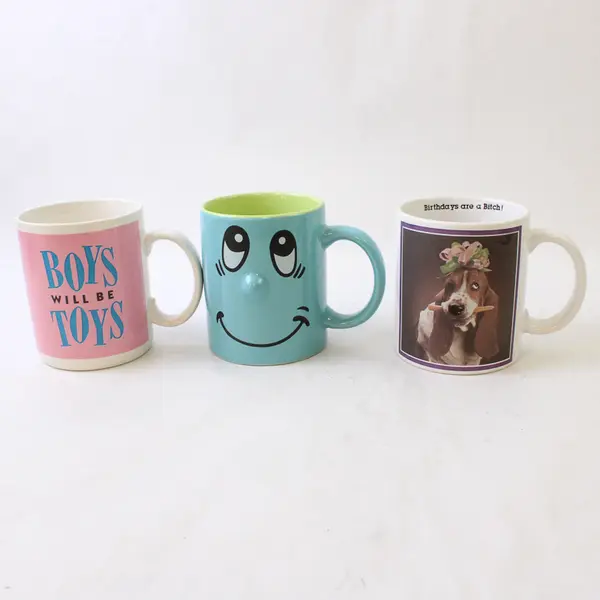 Lot of 3 Novelty Ceramic Coffee Mugs Boys Will Be Toys Basset Face 3D Nose