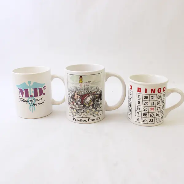 Lot of 3 Novelty Ceramic Coffee Mugs Gary Patterson Weekend Warriors M.D. Bingo