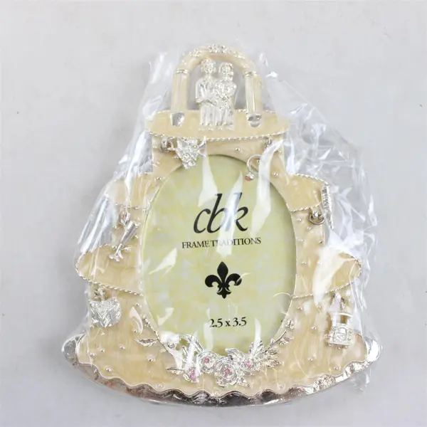 New Wedding Cake Picture Frame Silver & Gold Tone Trim Pink Gem Accents