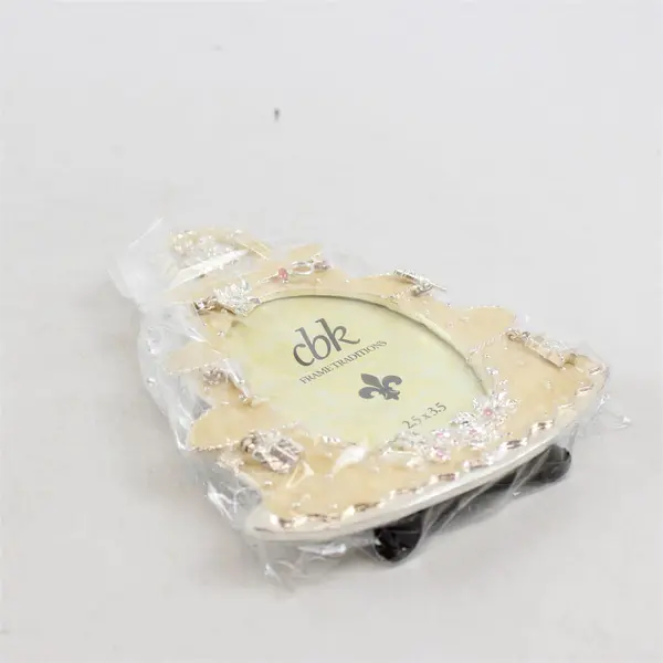 New Wedding Cake Picture Frame Silver & Gold Tone Trim Pink Gem Accents