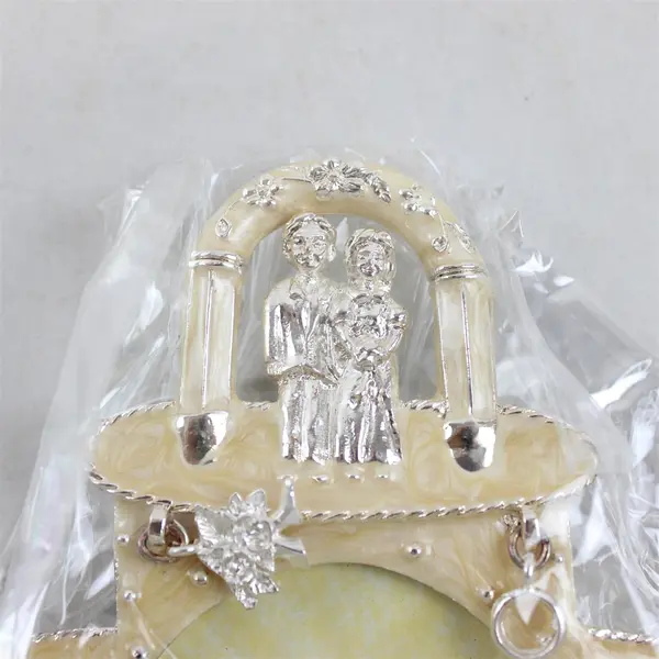 New Wedding Cake Picture Frame Silver & Gold Tone Trim Pink Gem Accents