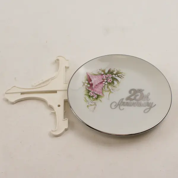 ENESCO 25th Anniversary Bone China Plate Anniversary Wishes Bells Roses Silver