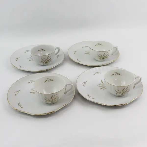 Set of 4 Vintage Wheat Pattern Porcelain Snack Plate And Cup Sets