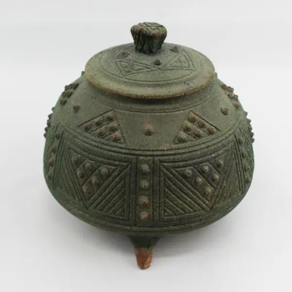 Green Terracotta Pottery Jar W/ Lid Geometric Pattern With Raised Dots Signed