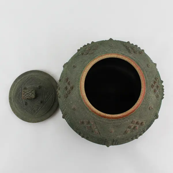 Green Terracotta Pottery Jar W/ Lid Geometric Pattern With Raised Dots Signed