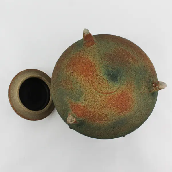  Green Terracotta Pottery Jar W/ Lid Geometric Pattern With Raised Dots Signed