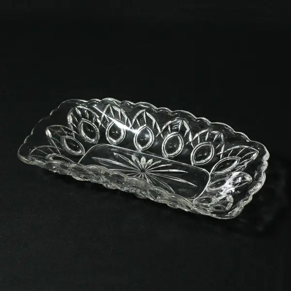 Vtg Rectangular Glass Pickle Celery Dish Starburst Oval Pattern Scalloped Rim 