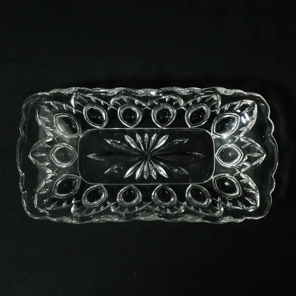 Vtg Rectangular Glass Pickle Celery Dish Starburst Oval Pattern Scalloped Rim 