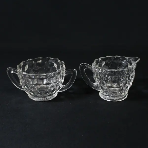 Vintage Fostoria Glass American Block Optic Creamer And Sugar Bowl Set
