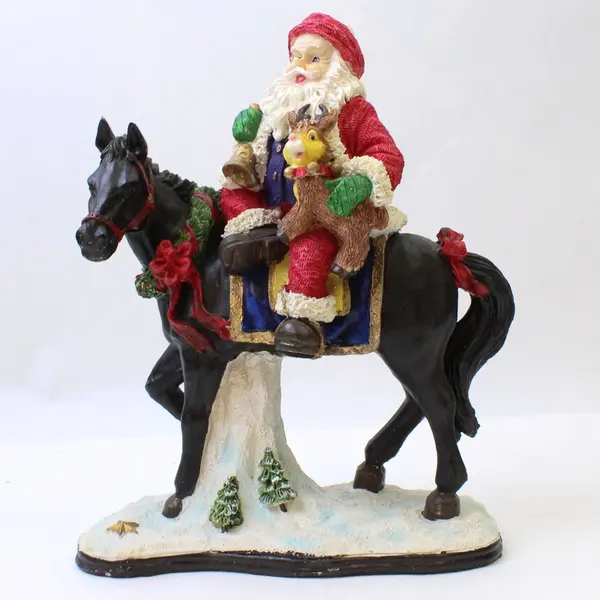 Resin Santa Claus on Horse w/ Reindeer Figurine Holiday Decor 9.5in