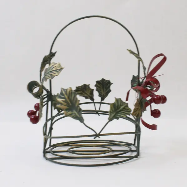 Wire Christmas Basket with Holly Berries Green Red No Box 4.75x4.5x5in