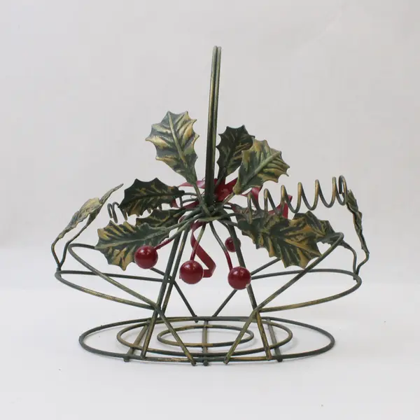 Wire Christmas Basket with Holly Berries Green Red No Box 4.75x4.5x5in