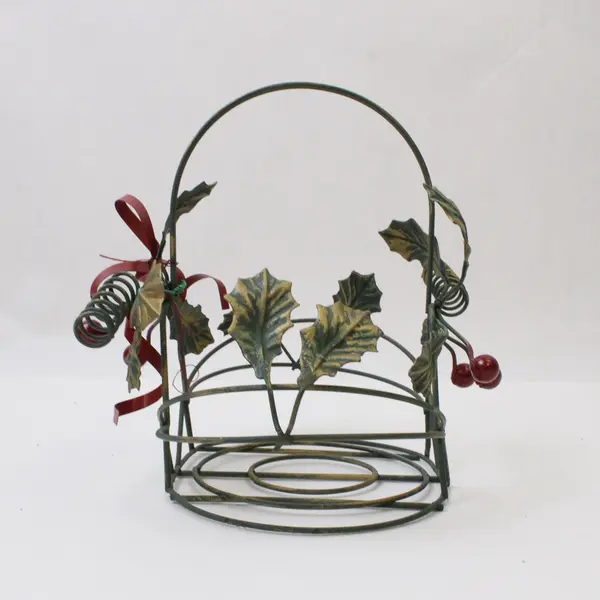 Wire Christmas Basket with Holly Berries Green Red No Box 4.75x4.5x5in