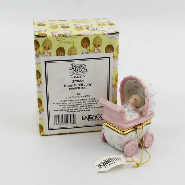 1997 Enesco Precious Moments Baby Girl Buggy Trinket Box