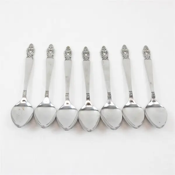 Lot of 7 National Stainless Olaf Pattern Teaspoons 6.25" SS Black Accents