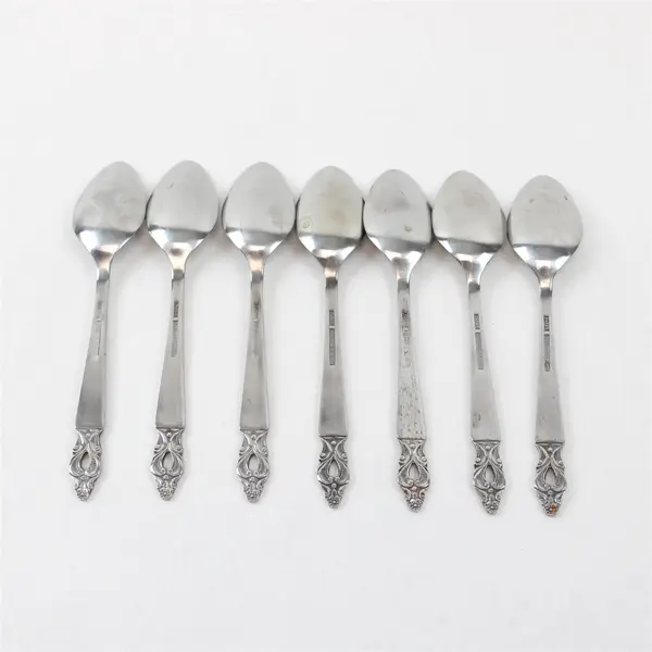 Lot of 7 National Stainless Olaf Pattern Teaspoons 6.25" SS Black Accents