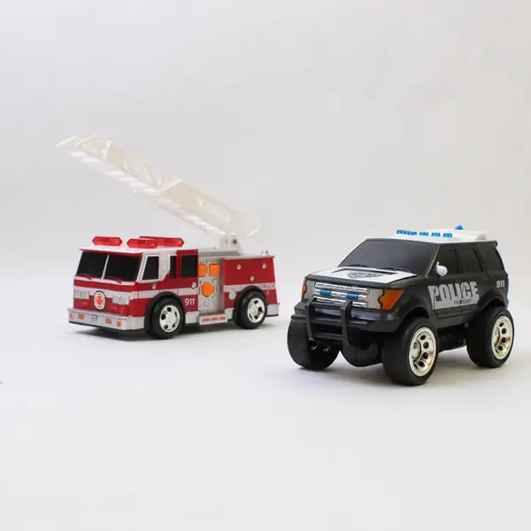 Lot of 2 Maxx Action Friction Plastic Vehicles Firetruck & Police SUV