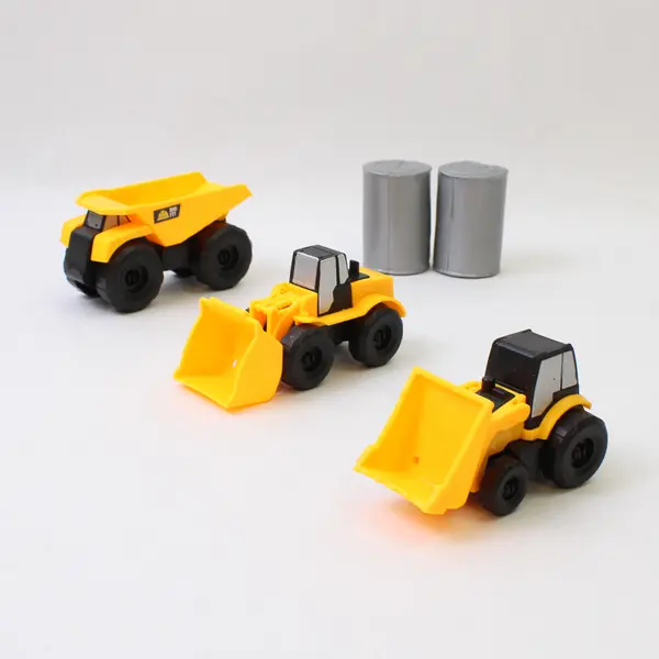 Lot of 5 Children's Plastic Construction Vehicles & Barrels 