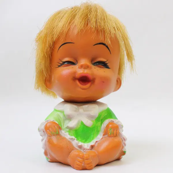1960s Moody Cutie Doll Laughing Face Blonde Hair Green Dress Vintage