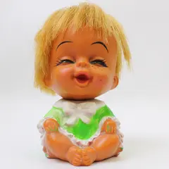 1960s Moody Cutie Doll Laughing Face Blonde Hair Green Dress Vintage