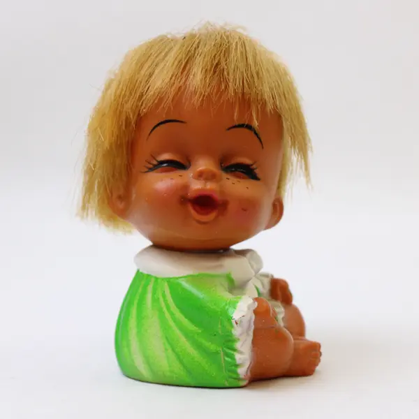 1960s Moody Cutie Doll Laughing Face Blonde Hair Green Dress Vintage