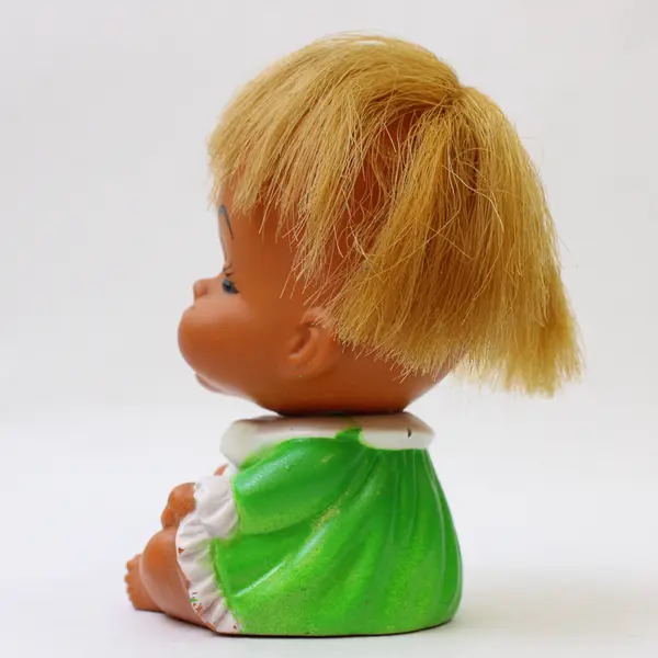 1960s Moody Cutie Doll Laughing Face Blonde Hair Green Dress Vintage