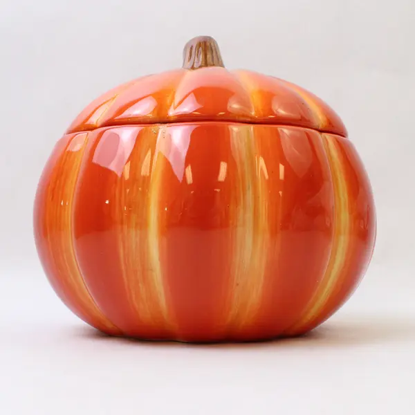 FTD Ceramic Orange Pumpkin W/ Step Lid Ceramic Shaped Covered Jar 7.25" Dia