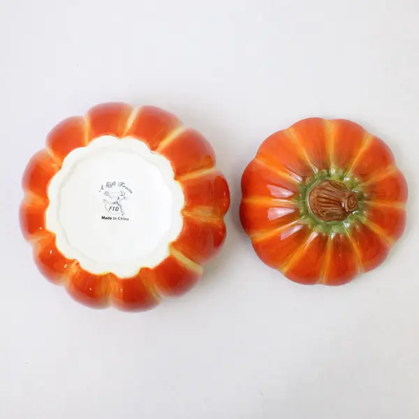 FTD Ceramic Orange Pumpkin W/ Step Lid Ceramic Shaped Covered Jar 7.25" Dia