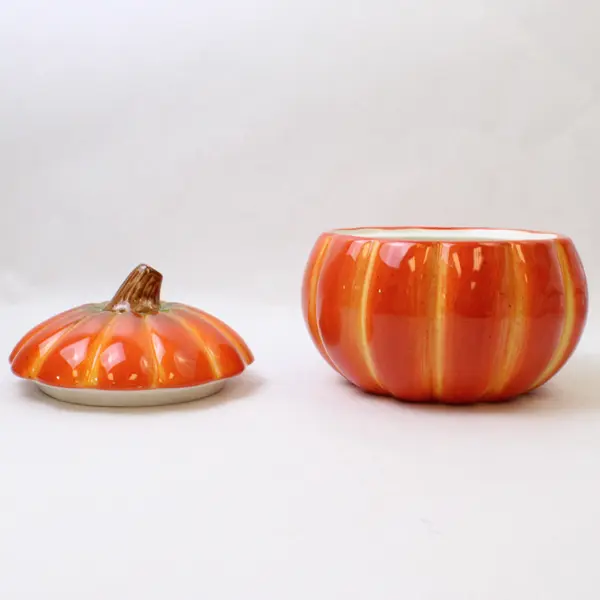 FTD Ceramic Orange Pumpkin W/ Step Lid Ceramic Shaped Covered Jar 7.25" Dia