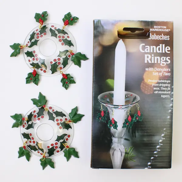 Boston Warehouse 2 Pc Bobeches Seasonal Holiday Holly Berry Glass Candle Rings