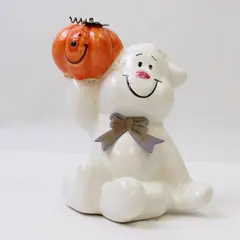 Ceramic White Ghost Figurine Holding Pumpkin Halloween Decor 4.75in New