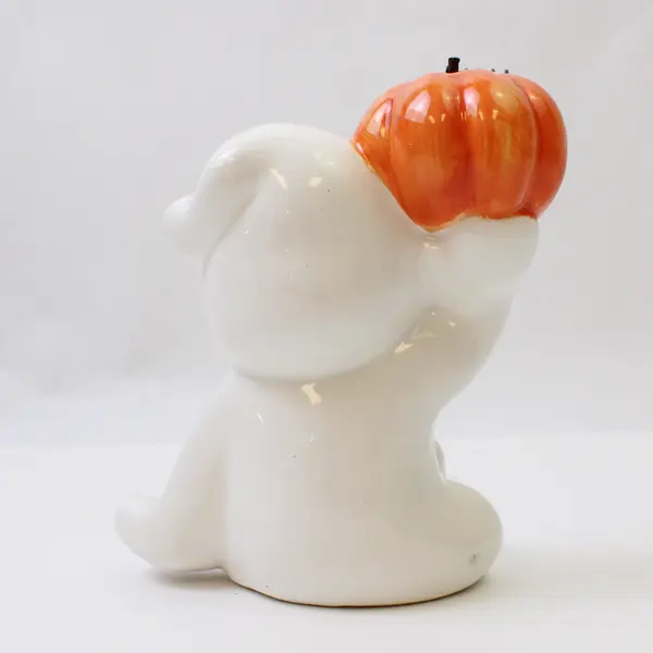 Ceramic White Ghost Figurine Holding Pumpkin Halloween Decor 4.75in New