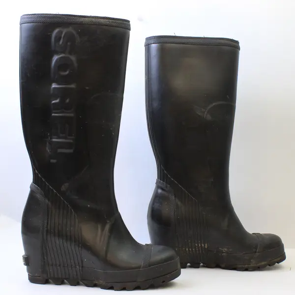 Sorel Solid Black Color Joan Rain Wedge Tall Rubber Rain Boots Women's Size 6.5