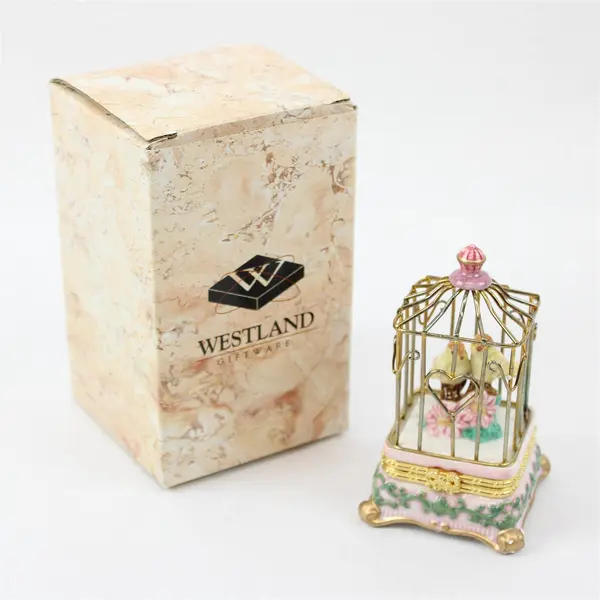 Westland Giftware Porcelain Figurine Two Birds in Cage 6in Tall