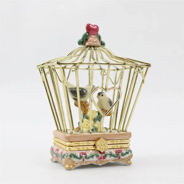 Westland Giftware Porcelain Figurine Two Birds in Cage 4in Tall - New