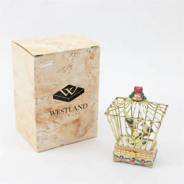 Westland Giftware Porcelain Figurine Two Birds in Cage 4in Tall - New