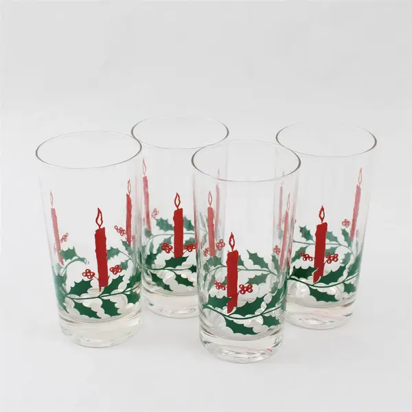 Set of 4 Vintage Christmas Holly-Berry Candle Drinking Glasses