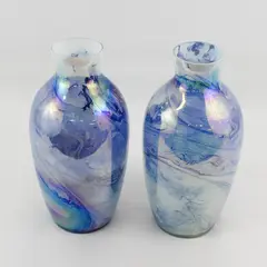 2 Internal Painted Iridescent Art Deco  Blue Swirl  Vases Made in India 12.25"