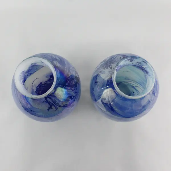 2 Internal Painted Iridescent Art Deco  Blue Swirl  Vases Made in India 12.25"