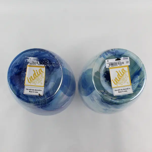 2 Internal Painted Iridescent Art Deco  Blue Swirl  Vases Made in India 12.25"