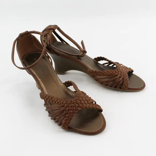Expressions Solid Brown Braided Strappy Wedge 2.75" Heel Sandals Womens Size 8