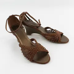 Expressions Solid Brown Braided Strappy Wedge 2.75" Heel Sandals Womens Size 8
