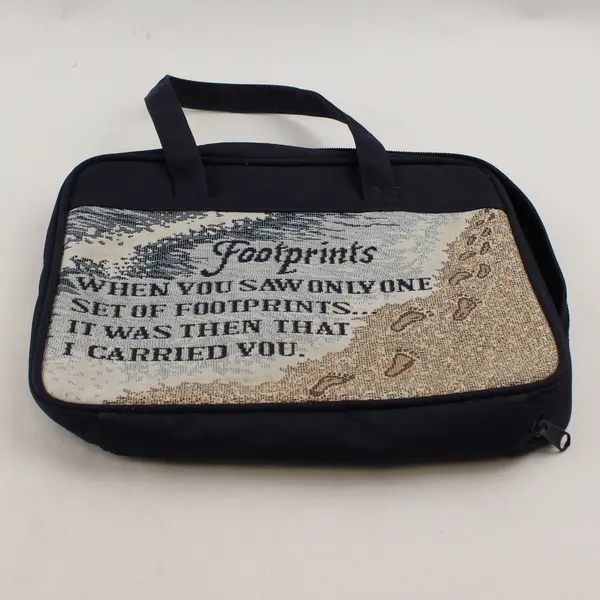 Footprints Scripture Canvas Bible Cover Bag Navy Blue Zipper Handle
