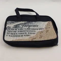Footprints Scripture Canvas Bible Cover Bag Navy Blue Zipper Handle